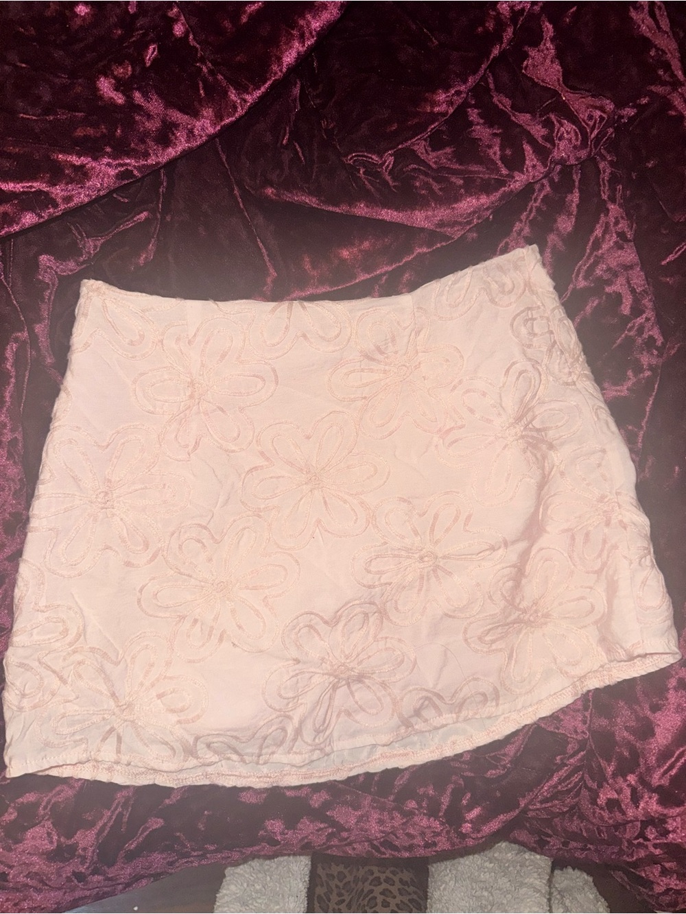Delicate Light Pink Floral-Embroidered Mini Skirt